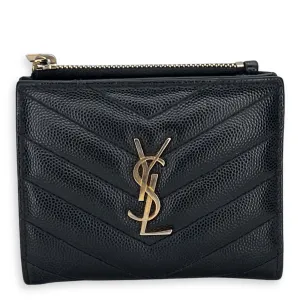 Cassandre Bi-fold Compact Zip Black Wallet in Caviar Leather, Gold hardware