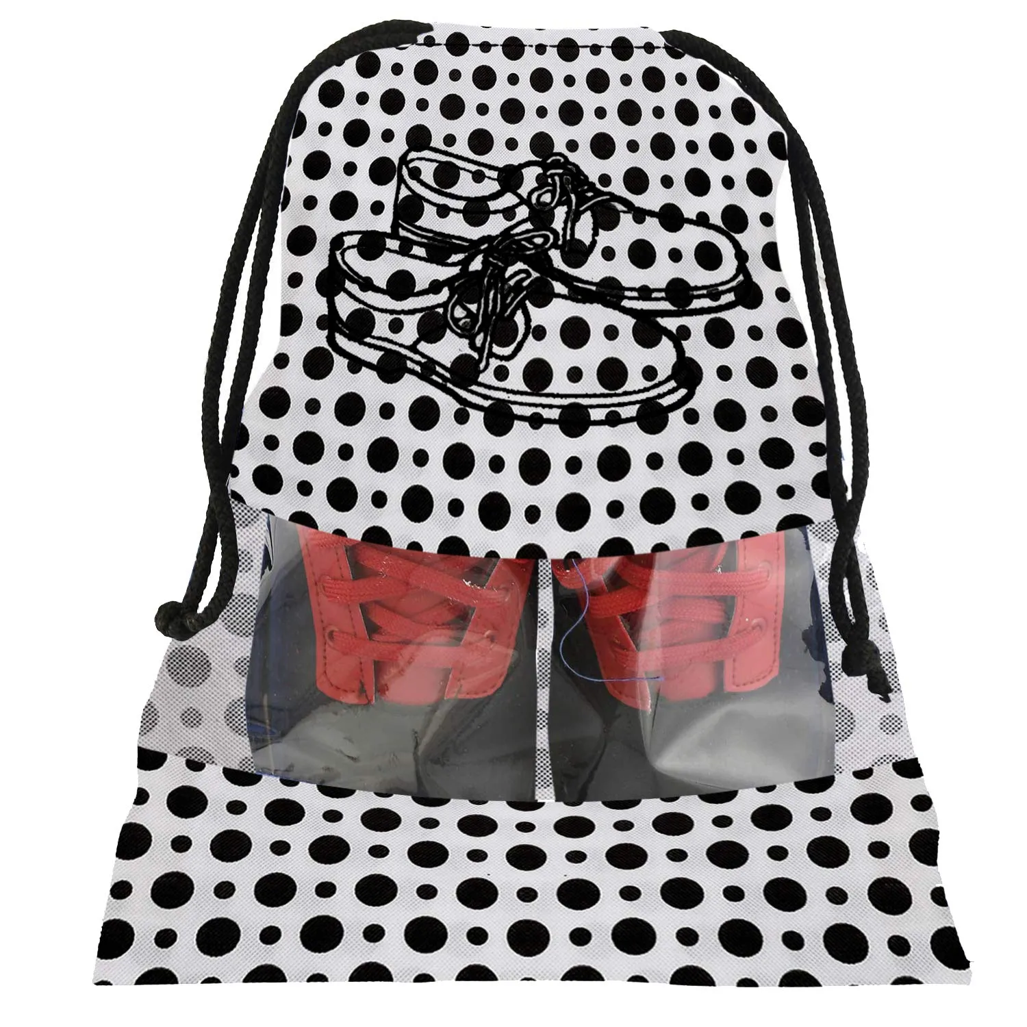 Kuber Industries Polka Dots Print 12 Piece Non Woven Travel Shoe Cover, String Bag Organizer (Black & White)