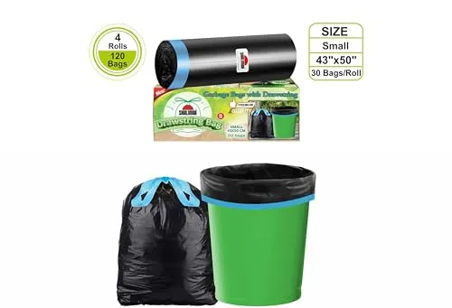 Shalimar Premium Drawstring Garbage Bags Size 17 X 19 Inches (Small) 120 Bags (4 rolls) Dustbin Bag/Trash Bag - Black Color