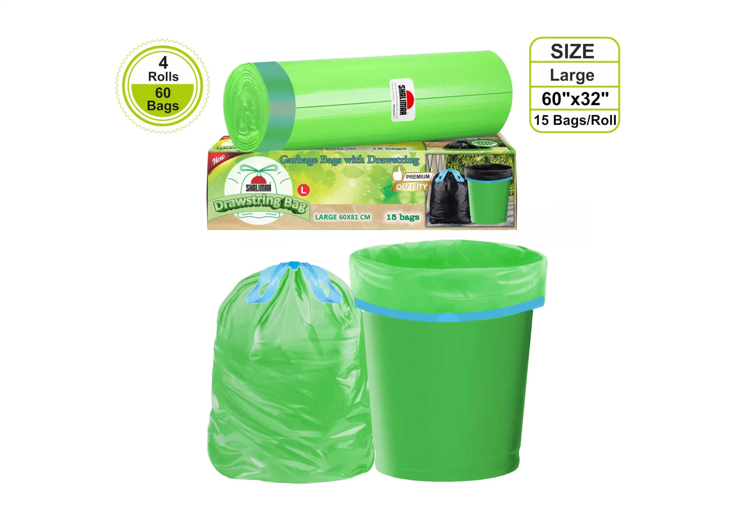 Shalimar Premium Drawstring Garbage Bags Size 24 X 32 Inches (Large) 60 Bags (4 rolls) Dustbin Bag/Trash Bag - Green Color