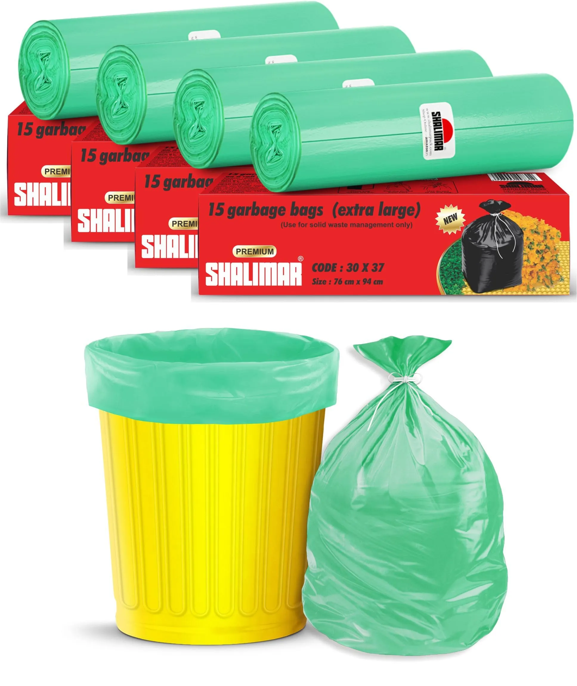 Shalimar Premium Garbage Bags Size 30 X 37 Inches (Extra Large) 60 Bags (4 rolls) Dustbin Bag/Trash Bag - Green Color