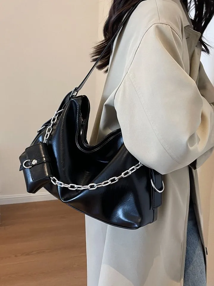 Sohiwoo Large Capacity Metal Chain Tote Hobo Bag With Mini Purse Textured Shoulder Bag Versatile Commuter Bag