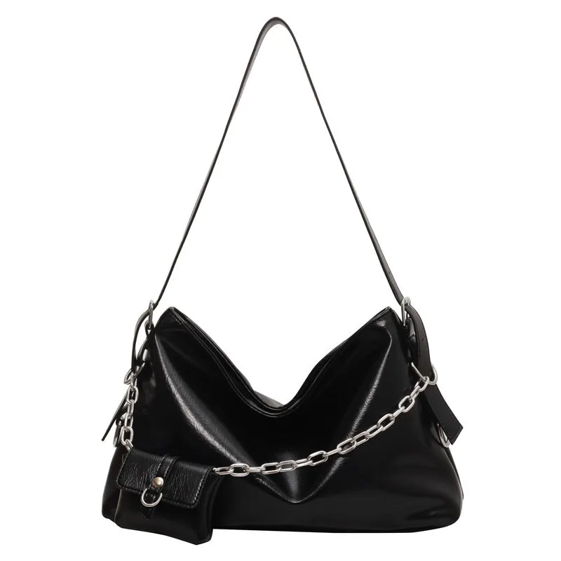 Sohiwoo Large Capacity Metal Chain Tote Hobo Bag With Mini Purse Textured Shoulder Bag Versatile Commuter Bag