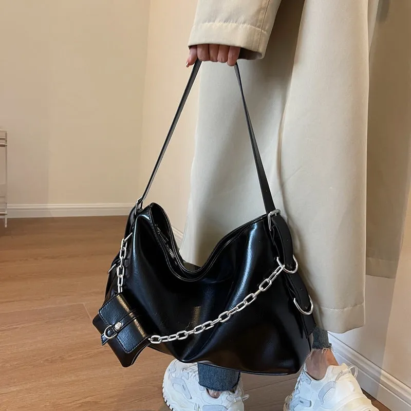 Sohiwoo Large Capacity Metal Chain Tote Hobo Bag With Mini Purse Textured Shoulder Bag Versatile Commuter Bag