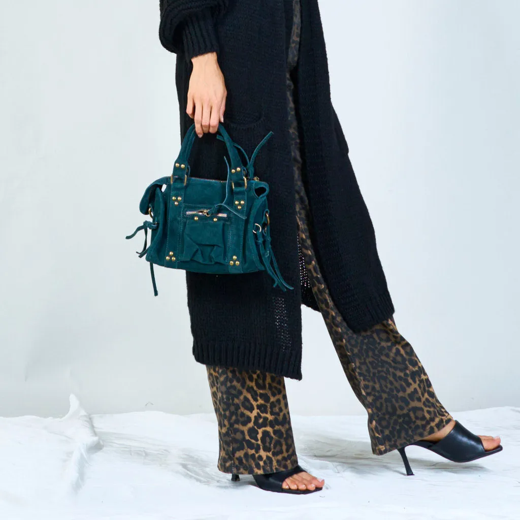 Suede studded shoulder bags with brass hardware wholesale