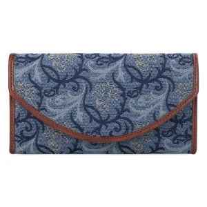 THE CLOWNFISH Mia Collection Tapestry Fabric & Faux Leather Snap Flap Closure Womens Wallet Clutch Ladies Purse with Multiple Card Holders (Blue-Floral)