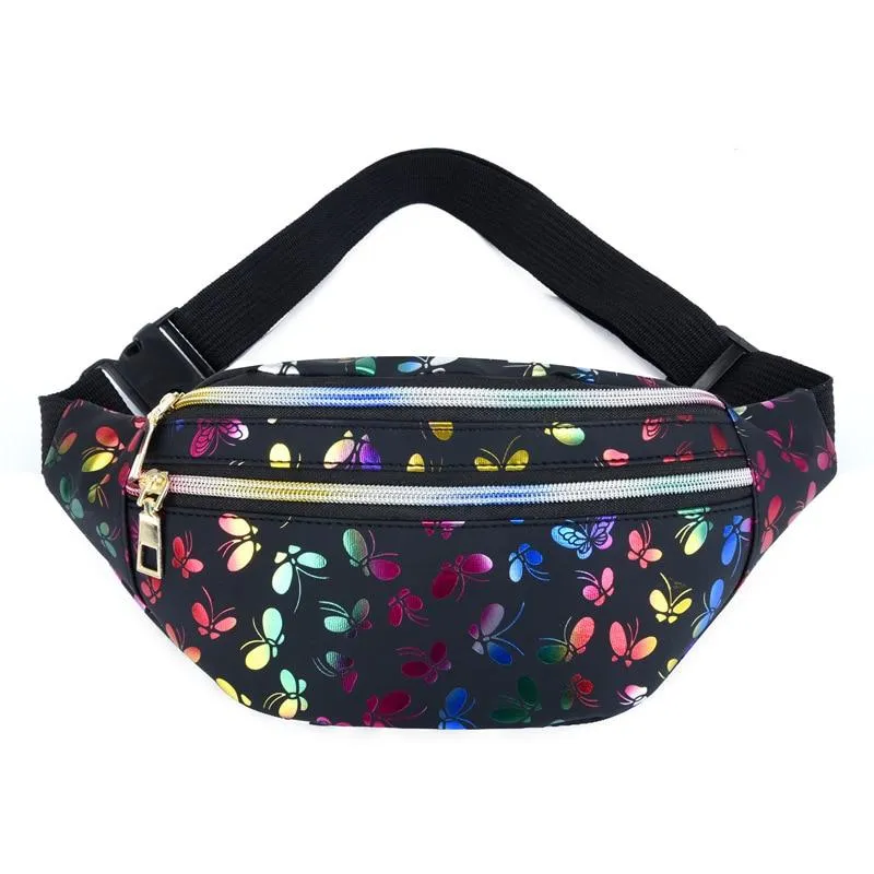 Trendy Women's Banana Shape Leather Waist Bags With Holographic Pattern