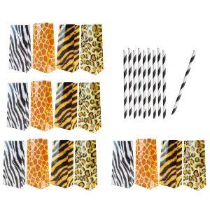 Wild Animal Print Party Supplies - Treat Bags with Striped Paper Straws for 12 Guests