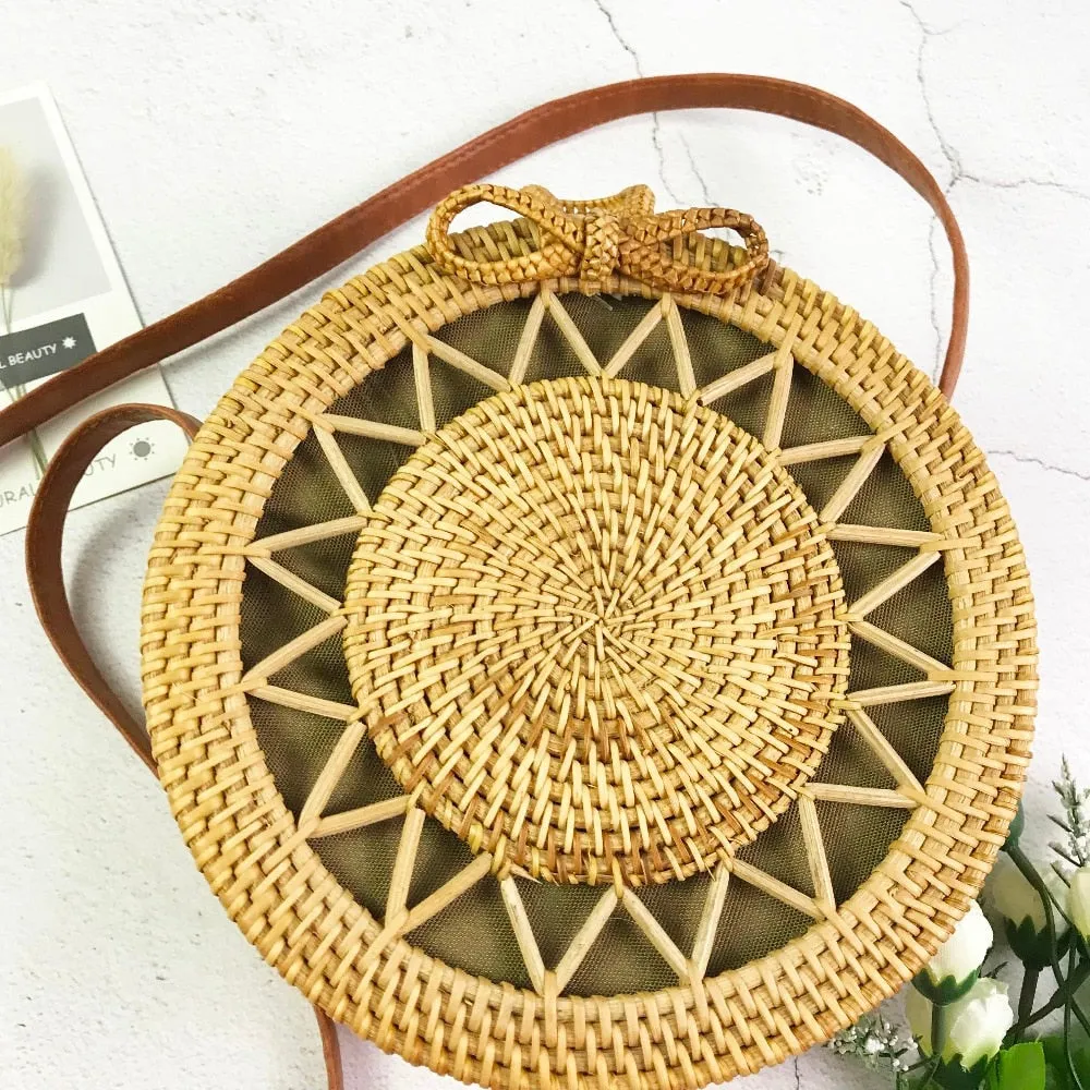 Women Hollow Woven Rattan Round Straw Shoulder Bag