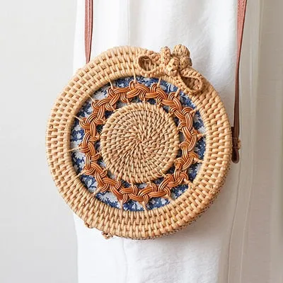 Women Hollow Woven Rattan Round Straw Shoulder Bag