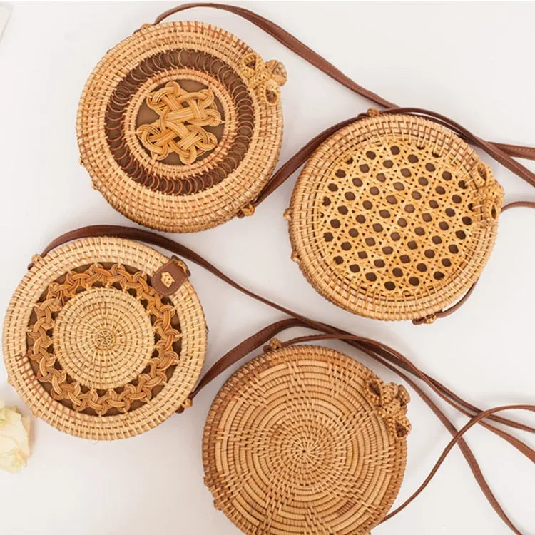 Women Hollow Woven Rattan Round Straw Shoulder Bag