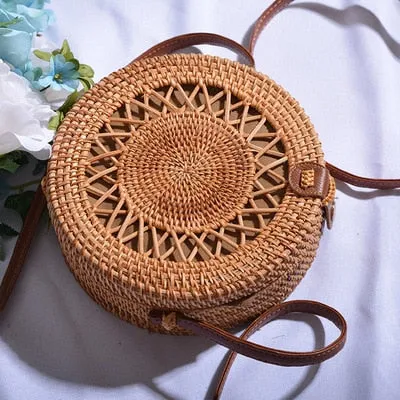 Women Hollow Woven Rattan Round Straw Shoulder Bag