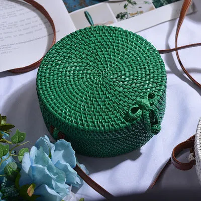 Women Hollow Woven Rattan Round Straw Shoulder Bag