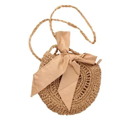 Women Hollow Woven Rattan Round Straw Shoulder Bag