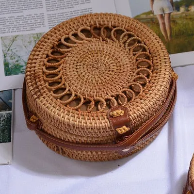 Women Hollow Woven Rattan Round Straw Shoulder Bag