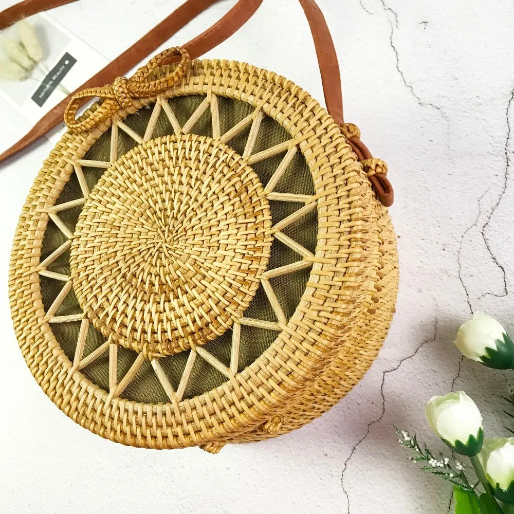 Women Hollow Woven Rattan Round Straw Shoulder Bag