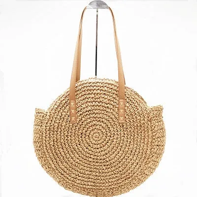 Women Hollow Woven Rattan Round Straw Shoulder Bag