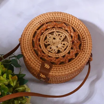 Women Hollow Woven Rattan Round Straw Shoulder Bag