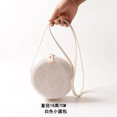 Women Hollow Woven Rattan Round Straw Shoulder Bag