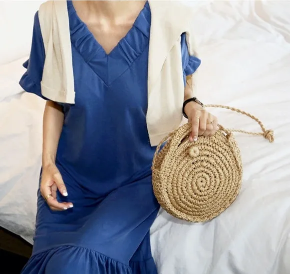 Women Hollow Woven Rattan Round Straw Shoulder Bag