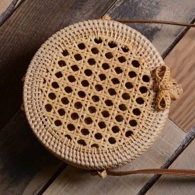 Women Hollow Woven Rattan Round Straw Shoulder Bag