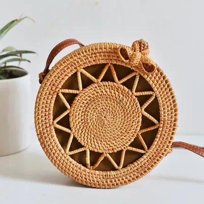 Women Hollow Woven Rattan Round Straw Shoulder Bag