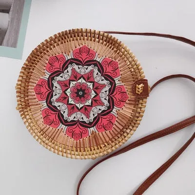 Women Hollow Woven Rattan Round Straw Shoulder Bag