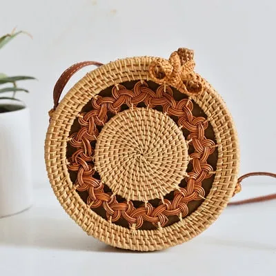 Women Hollow Woven Rattan Round Straw Shoulder Bag