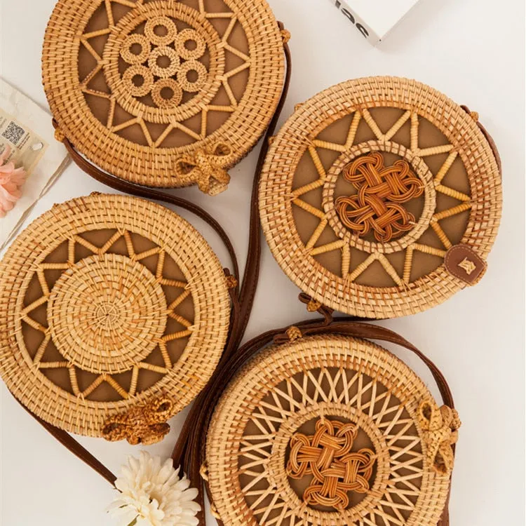 Women Hollow Woven Rattan Round Straw Shoulder Bag