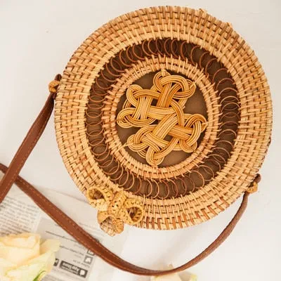 Women Hollow Woven Rattan Round Straw Shoulder Bag