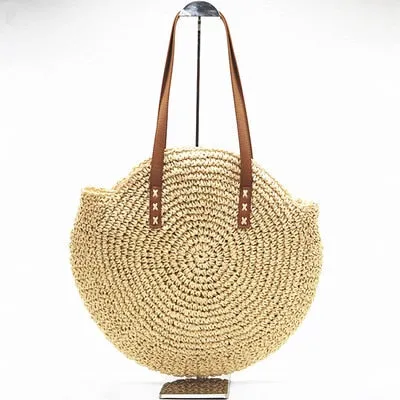 Women Hollow Woven Rattan Round Straw Shoulder Bag