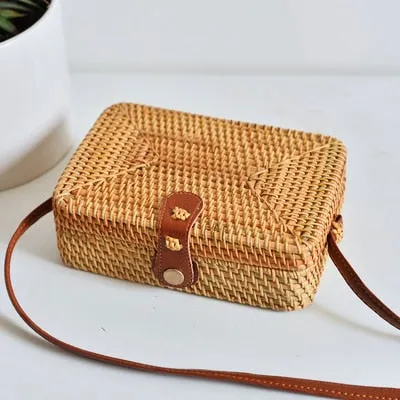 Women Hollow Woven Rattan Round Straw Shoulder Bag