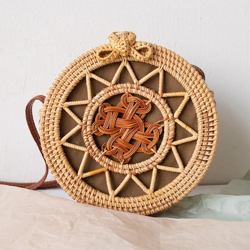 Women Hollow Woven Rattan Round Straw Shoulder Bag