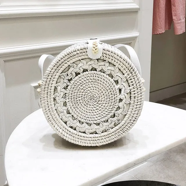 Women Hollow Woven Rattan Round Straw Shoulder Bag