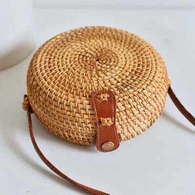 Women Hollow Woven Rattan Round Straw Shoulder Bag