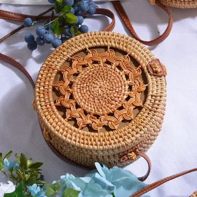 Women Hollow Woven Rattan Round Straw Shoulder Bag