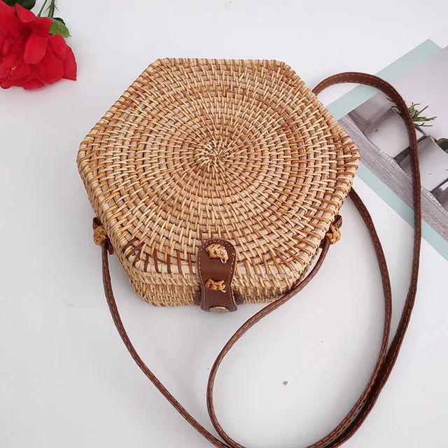 Women Hollow Woven Rattan Round Straw Shoulder Bag