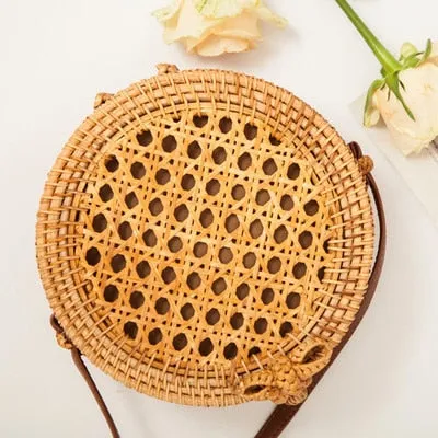 Women Hollow Woven Rattan Round Straw Shoulder Bag