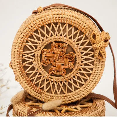 Women Hollow Woven Rattan Round Straw Shoulder Bag