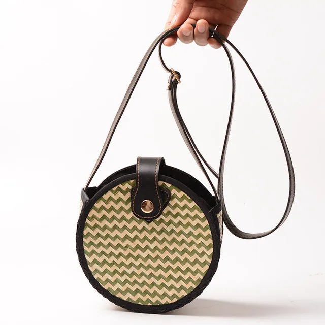 Women Hollow Woven Rattan Round Straw Shoulder Bag