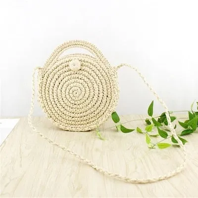 Women Hollow Woven Rattan Round Straw Shoulder Bag