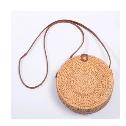 Women Hollow Woven Rattan Round Straw Shoulder Bag