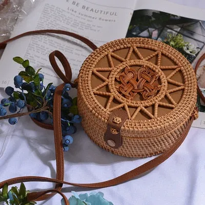 Women Hollow Woven Rattan Round Straw Shoulder Bag