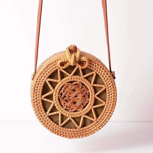 Women Hollow Woven Rattan Round Straw Shoulder Bag