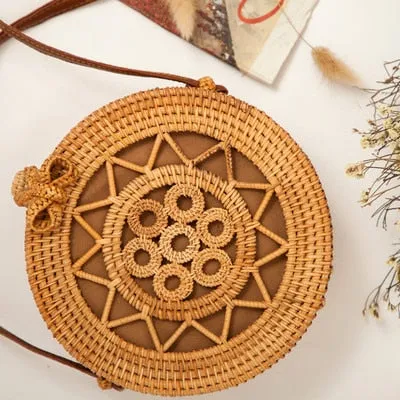 Women Hollow Woven Rattan Round Straw Shoulder Bag