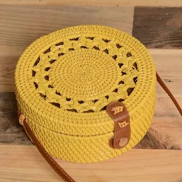 Women Hollow Woven Rattan Round Straw Shoulder Bag