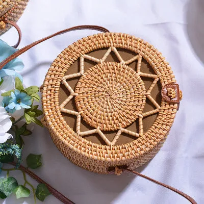 Women Hollow Woven Rattan Round Straw Shoulder Bag