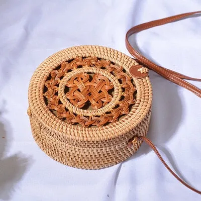 Women Hollow Woven Rattan Round Straw Shoulder Bag