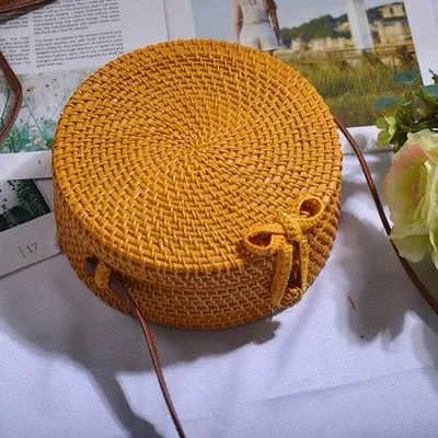 Women Hollow Woven Rattan Round Straw Shoulder Bag