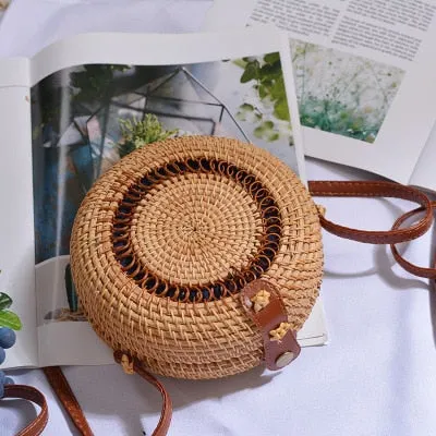 Women Hollow Woven Rattan Round Straw Shoulder Bag